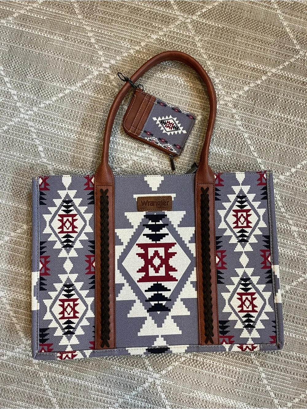 Wrangler Gray Aztec Tote with Brown Handles and Red Accents